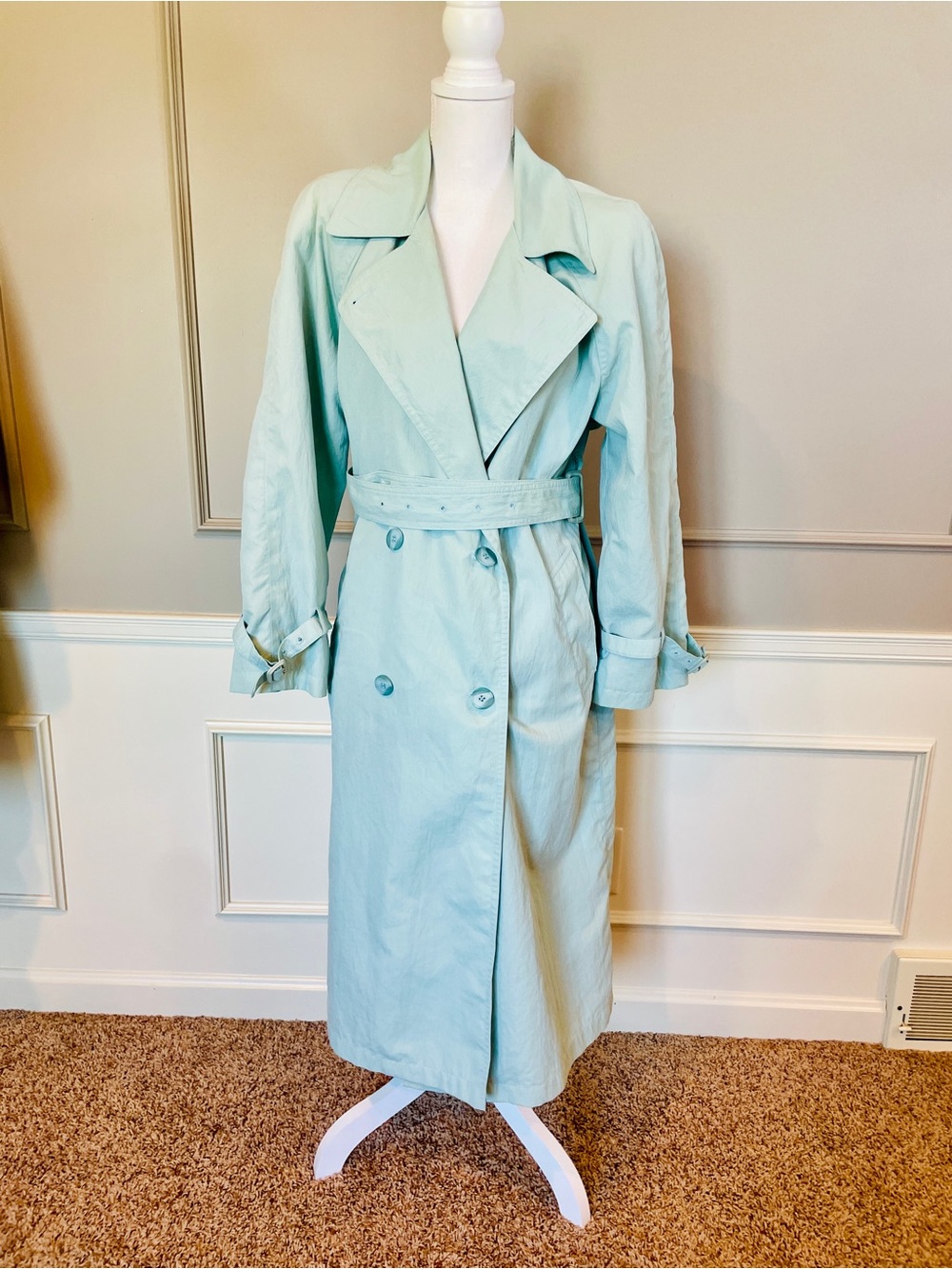 Towne by London Fog Vintage Trench 10 Petite Coat Mint Green Long Belted